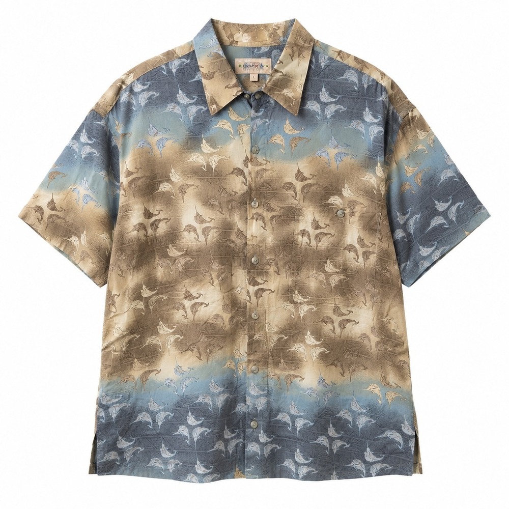 Vtg CAMPIA MODA 100% Rayon Hawaiian-Style Sailfish AOP Button Shirt Sz L Beachy